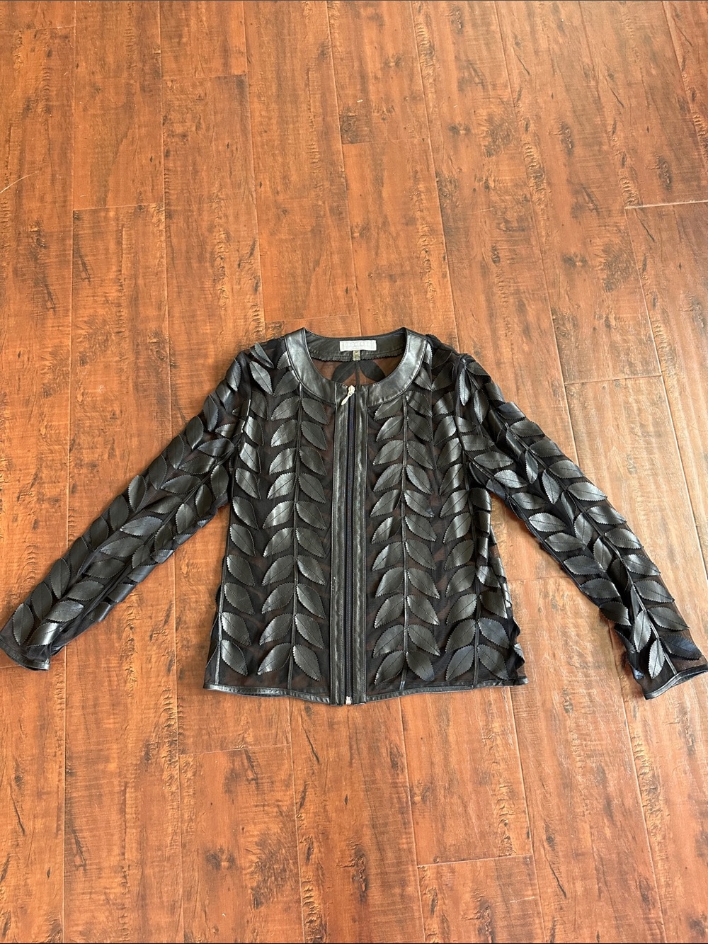 bagatelle Black Leaf-Accent Zip Front Leather Jacket